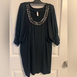Large Black Women’s Tunic Top, Dolman Sleeves, & rhinestones, sequin neckline